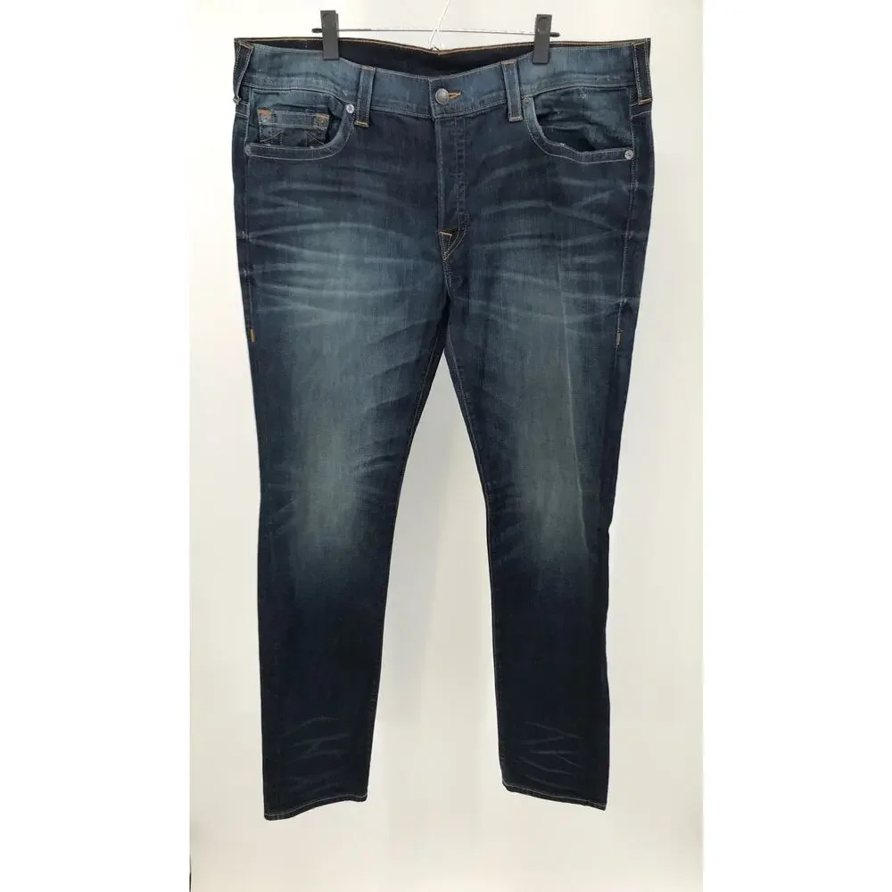 True Religion Mens Rocco Dark Wash Relaxed Skinny Button Fly Jeans 42